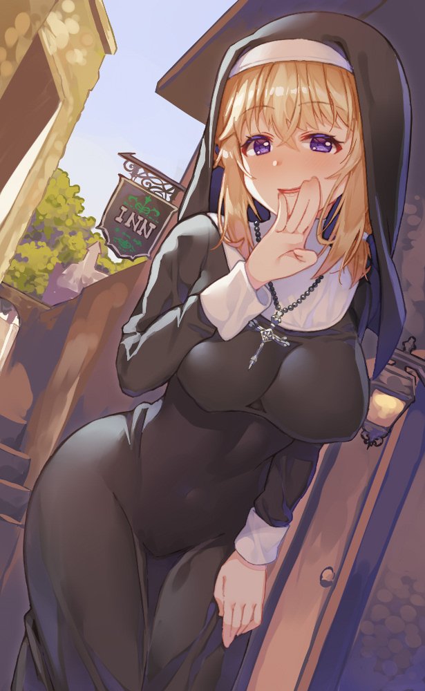 1girl, bangs, blonde_hair, blue_sky, blush, breasts, building, covered_navel