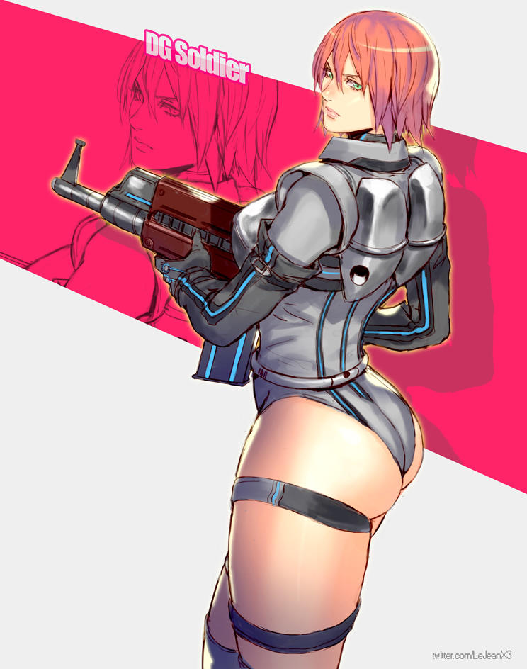 1girl, ass, assault_rifle, breastplate, breasts, character_name, commentary, commission, dirge_of_cerberus_final_fantasy_vii, english_commentary, extra, final_fantasy, final_fantasy_vii, from_behind, green_eyes, grey_leotard, gun, leotard, lips, looking_back, medium_breasts, nose, pink_lips, redhead, rejean_dubois, rifle, short_hair, soldier, solo, thick_thighs, thigh_strap, thighs, weapon, zoom_layer