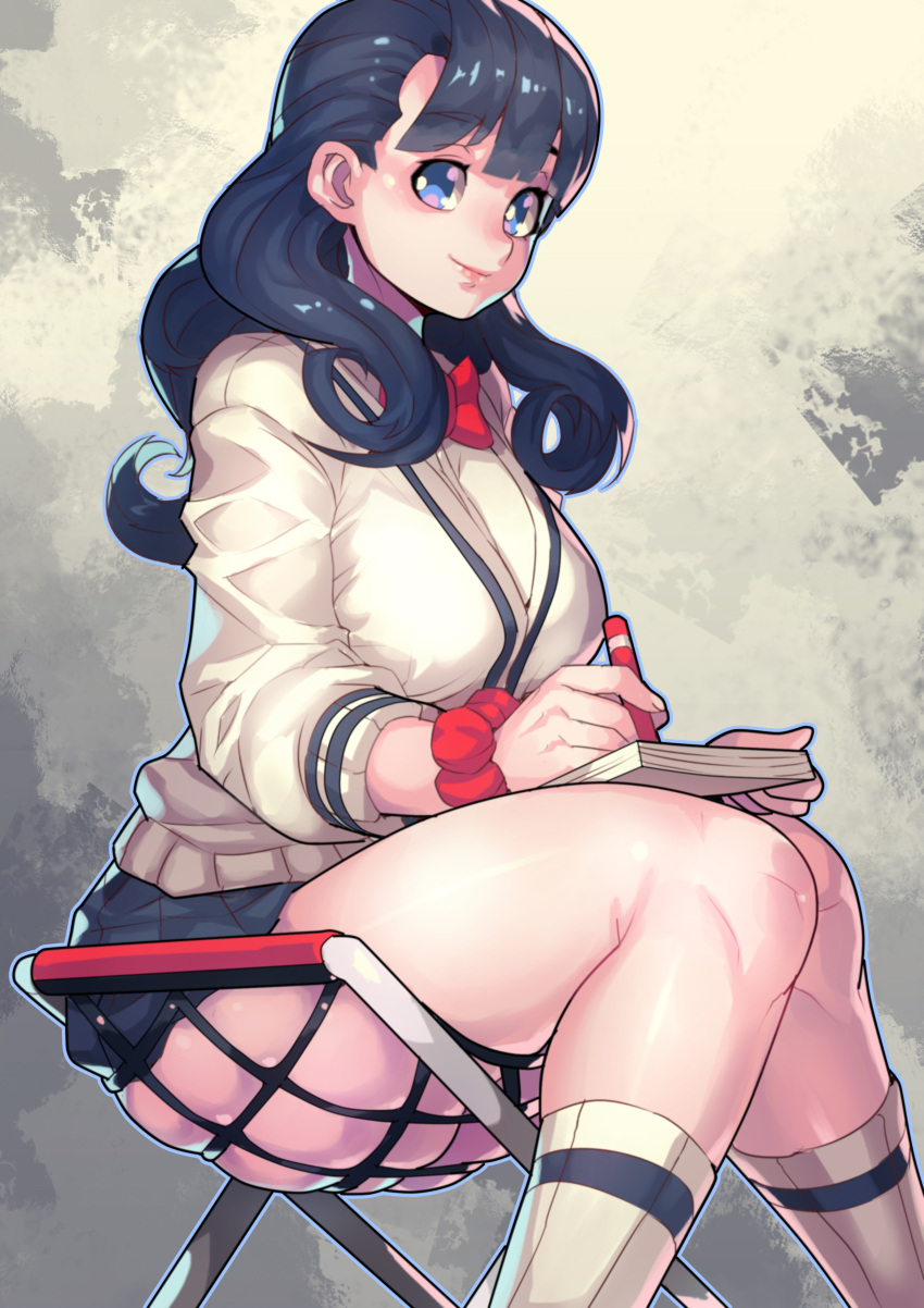 1girl, abstract_background, absurdres, bangs, black_hair, black_skirt, blue_eyes, bow