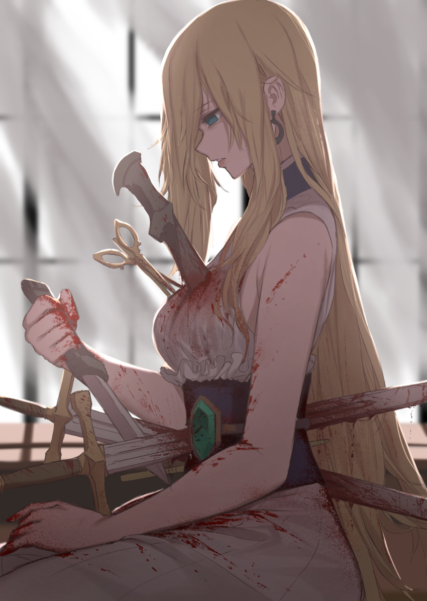 1girl, aqua_eyes, attempted_suicide, blonde_hair, blood, blood_on_face, blood_splatter, blood_stain, bloody_clothes, blue_eyes, commentary, corset, curtains, dishwasher1910, dress, earrings, empty_eyes, expressionless, from_side, highres, impaled, injury, jewelry, knife, long_hair, looking_away, looking_down, parted_lips, rwby, salem_(rwby), scissors, sitting, sleeveless, sleeveless_dress, solo, spoilers, sword, very_long_hair, weapon, white_dress, window