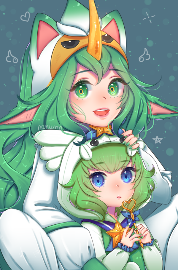 2girls, alternate_costume, alternate_eye_color, alternate_hair_color, alternate_hairstyle, animal_hood, artist_name, blue_background