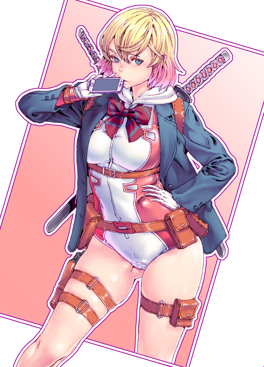1girl, ass_visible_through_thighs, blazer, blonde_hair, blue_eyes, cellphone, commentary_request, gloves