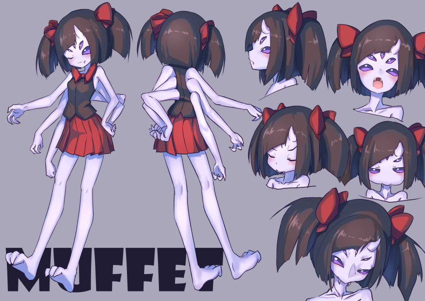 1girl, absurdres, barefoot, black_hair, black_shirt, character_name, closed_eyes, commentary_request, expressions, extra_arms, extra_eyes, fang, fangs, fukutchi, hand_on_hip, hands_on_hips, highres, horn, insect_girl, kneepits, legs, long_hair, monster_girl, muffet, one_eye_closed, open_mouth, pale_skin, pout, red_skirt, shirt, skirt, sleeveless, sleeveless_shirt, smile, solo, spider_girl, toes, two_side_up, undertale, violet_eyes