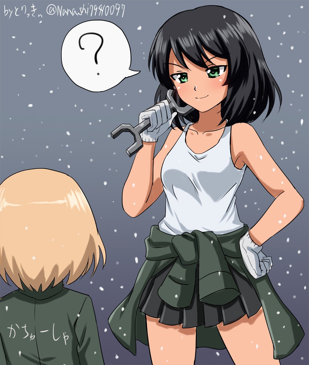 2girls, ?, alternate_costume, artist_name, bangs, black_skirt, blonde_hair, brown_hair