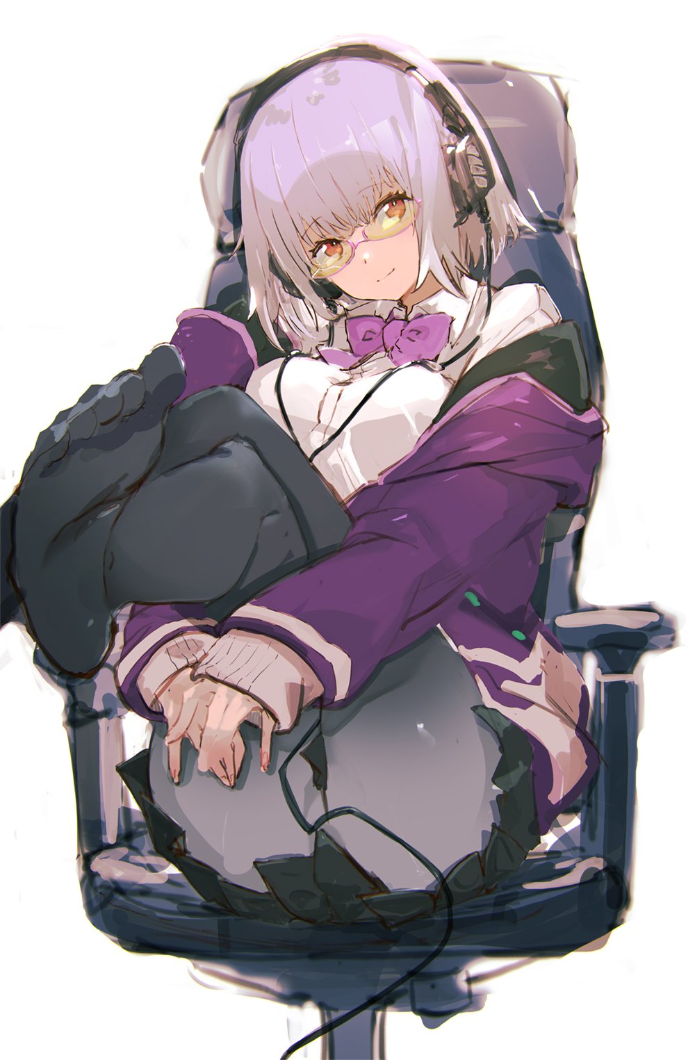 1girl, black_skirt, bow, broken_eyewear, chair, eyebrows_visible_through_hair, feet, headphones