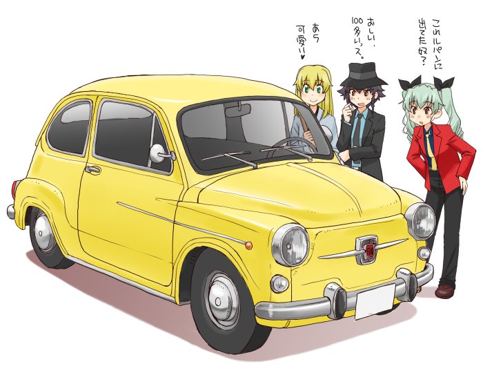 3girls, anchovy, arm_grab, arsene_lupin_iii, arsene_lupin_iii_(cosplay), bangs, black_hair, black_headwear