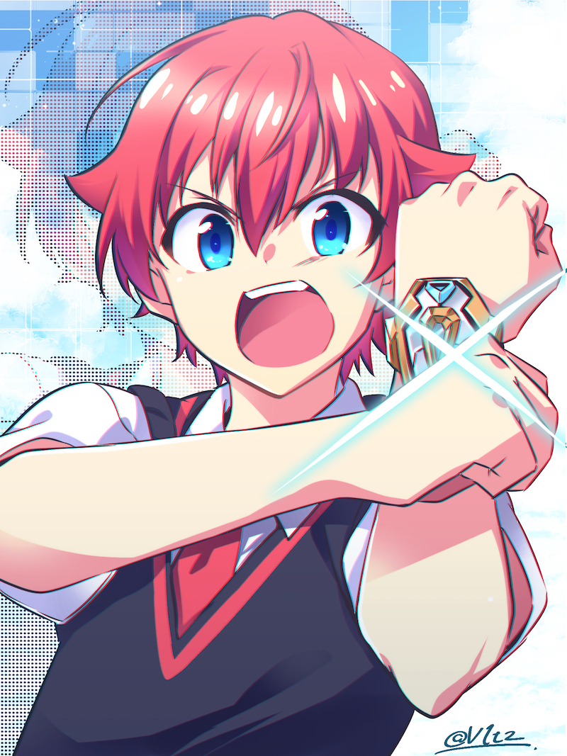 1boy, acceptor, bittsu_(v1tz), blue_eyes, blue_sky, clouds, diffraction_spikes, hibiki_yuuta