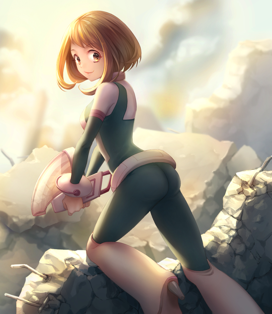 1girl, ass, bodysuit, boku_no_hero_academia, boots, breasts, brown_eyes, brown_hair