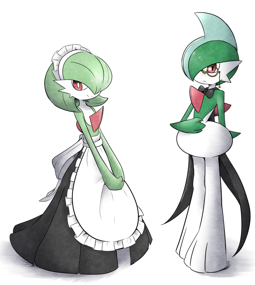 1boy, 1girl, apron, bangs, black_bow, black_neckwear, black_skirt, blue_hair, bow, bowtie, butler, closed_mouth, clothed_pokemon, gallade, gardevoir, gen_3_pokemon, green_hair, green_skin, hair_over_one_eye, hand_up, hands_together, happy, highres, kashiwa_(3920kashiwa), legs_together, looking_at_viewer, maid_apron, maid_headdress, monocle, multicolored_hair, no_humans, pokemon, pokemon_(creature), red_eyes, shiny, shiny_hair, short_hair, simple_background, skirt, smile, standing, two-tone_hair, two-tone_skin, white_apron, white_background, white_skin, yellow-framed_eyewear