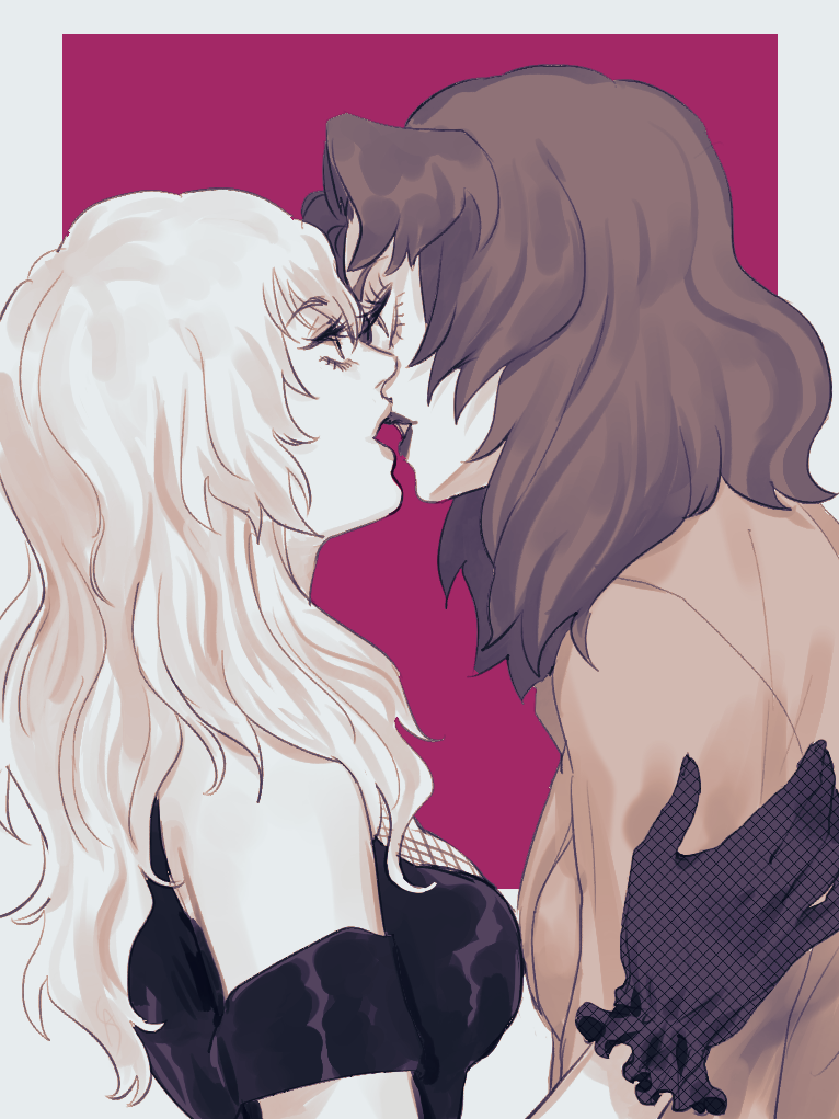2girls, anagosamaeru, bare_shoulders, breasts, devilman, devilman_crybaby, eye_contact, face-to-face, from_side, gloves, imminent_kiss, lips, lipstick, long_hair, looking_at_another, makeup, medium_breasts, medium_hair, multiple_girls, muted_color, open_mouth, outside_border, profile, psycho_jenny, purple_background, simple_background, siren_(devilman), upper_body, yuri