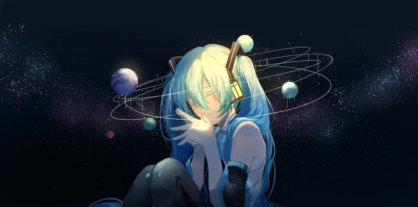 1girl, aqua_hair, bare_shoulders, black_legwear, black_sleeves, blue_neckwear, closed_eyes, closed_mouth