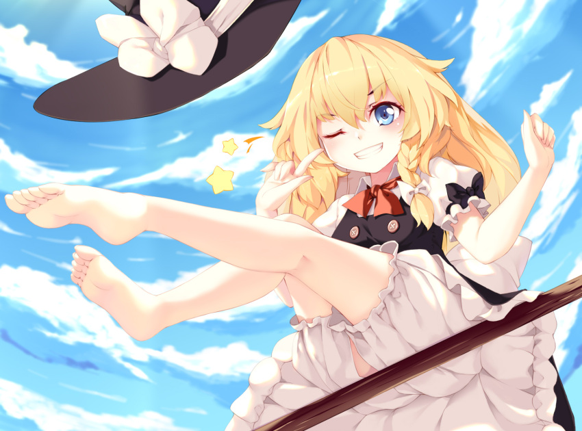 1girl, ;d, bare_legs, barefoot, blonde_hair, bloomers, blue_eyes, blush, bow, bowtie, braid, broom, broom_riding, clouds, day, feet, finger_to_eye, from_below, grin, hair_between_eyes, hair_bow, hat, hat_bow, hat_removed, headwear_removed, highres, kirisame_arisa, kirisame_marisa, kneepits, legs, legs_up, long_hair, one_eye_closed, open_mouth, puffy_short_sleeves, puffy_sleeves, red_neckwear, short_sleeves, side_braid, sitting, skirt, skirt_set, sky, smile, soles, solo, star, toes, touhou, underwear, witch_hat