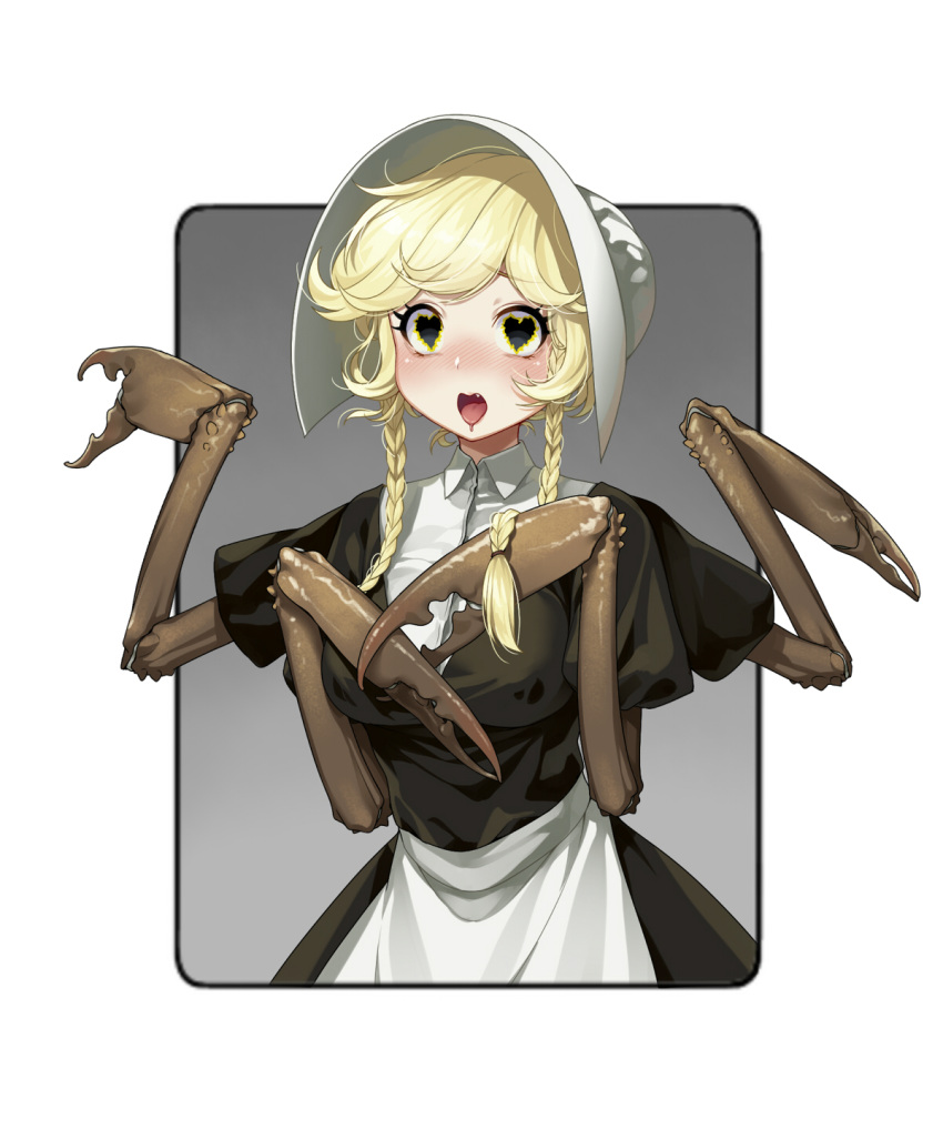 1girl, apron, blonde_hair, blush, breasts, cliffside, commentary_request, cordie