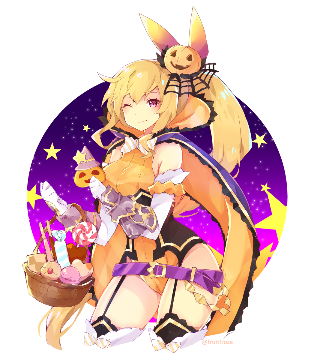 1girl, ;), arm_scrunchie, bare_shoulders, basket, belt, blonde_hair, bow