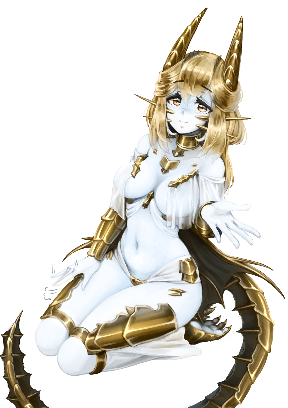 1girl, barbariank, blonde_hair, breasts, commentary, disconnected_mouth, dragon_girl, dragon_tail