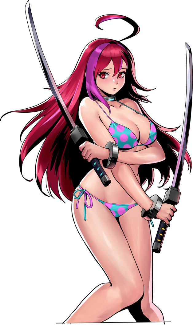 1girl, ahoge, artist_request, bare_arms, bare_legs, bikini, blush, breasts