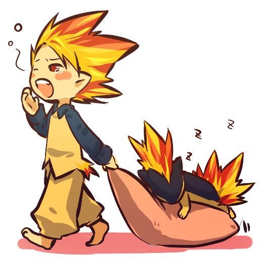 1boy, blush_stickers, child, dragging, fiery_hair, fire, fire_hair, hitec