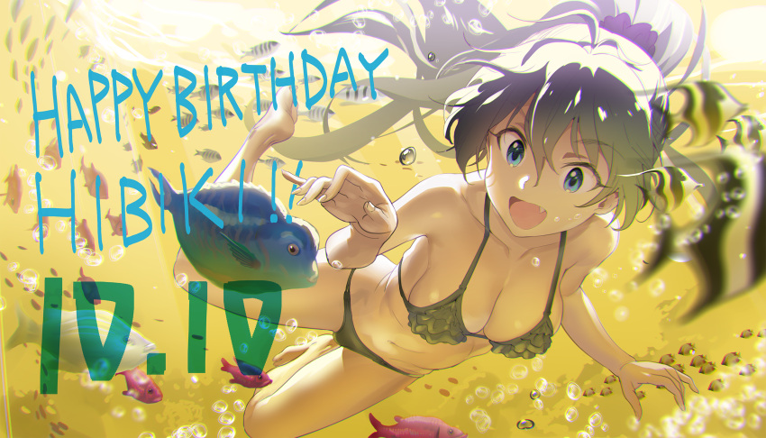 1girl, air_bubble, andou_shuuki, antenna_hair, bangs, bikini, black_bikini, black_hair