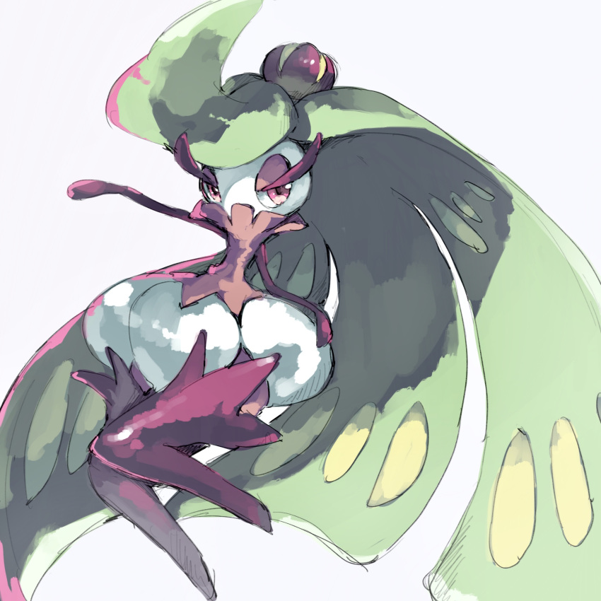 1girl, arm_up, full_body, gen_7_pokemon, green_hair, grey_background, half-closed_eyes, highres