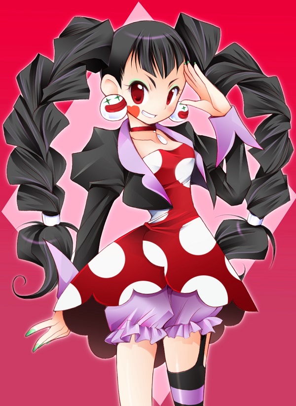 1girl, bangs, black_hair, blue_nails, braid, breasts, chirol_(rockman_exe), cropped_jacket, dress, earrings, eyeshadow, garter_straps, heart, jacket, jewelry, juliet_sleeves, long_hair, long_sleeves, makeup, nail_polish, puffy_sleeves, purple_bloomers, red_eyes, rockman, rockman_exe, rockman_exe_6, salute, single_thighhigh, smile, thigh-highs, twin_braids, yurikagodenno