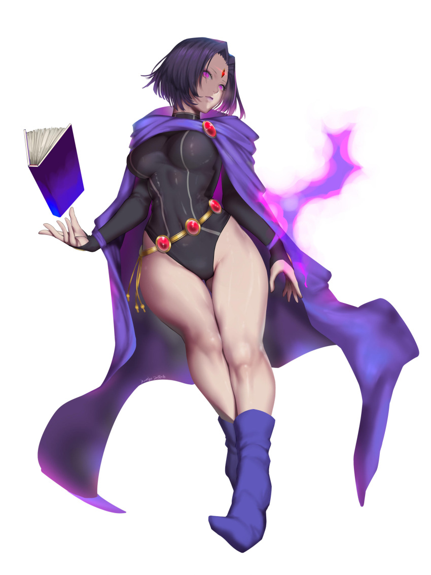 1girl, absurdres, ass_visible_through_thighs, aura, belt, black_hair, black_leotard, book