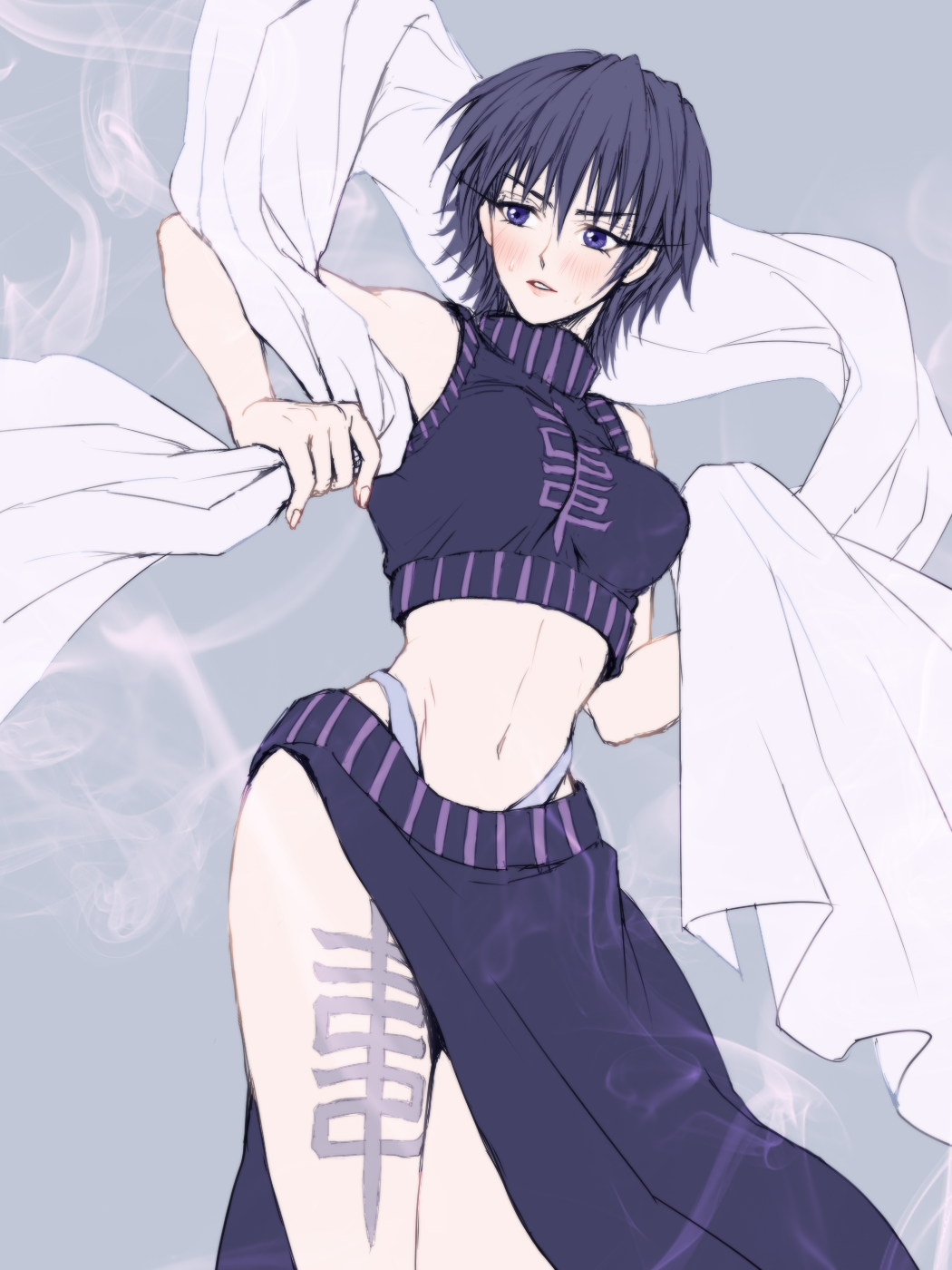1girl, bangs, bare_arms, bare_shoulders, black_hair, blue_eyes, blush, breasts, china_dress, chinese_clothes, crop_top, dress, hagoromo, highres, holding, houshin_engi, impossible_clothes, leg_tattoo, long_eyelashes, midriff, navel, ou_kijin, parted_lips, pelvic_curtain, shawl, short_hair, simple_background, solo, suji, tattoo