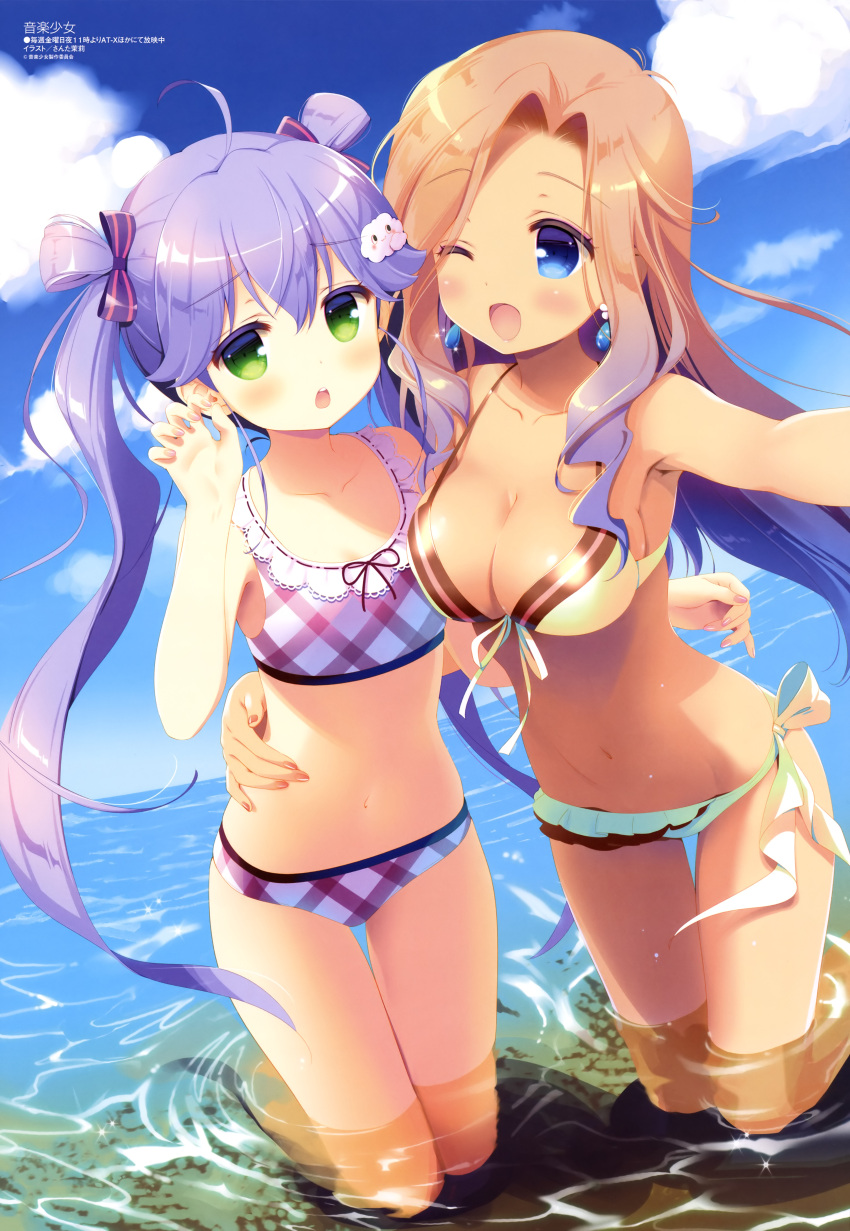 2girls, :o, ;d, absurdres, ahoge, armpits, barefoot, bikini