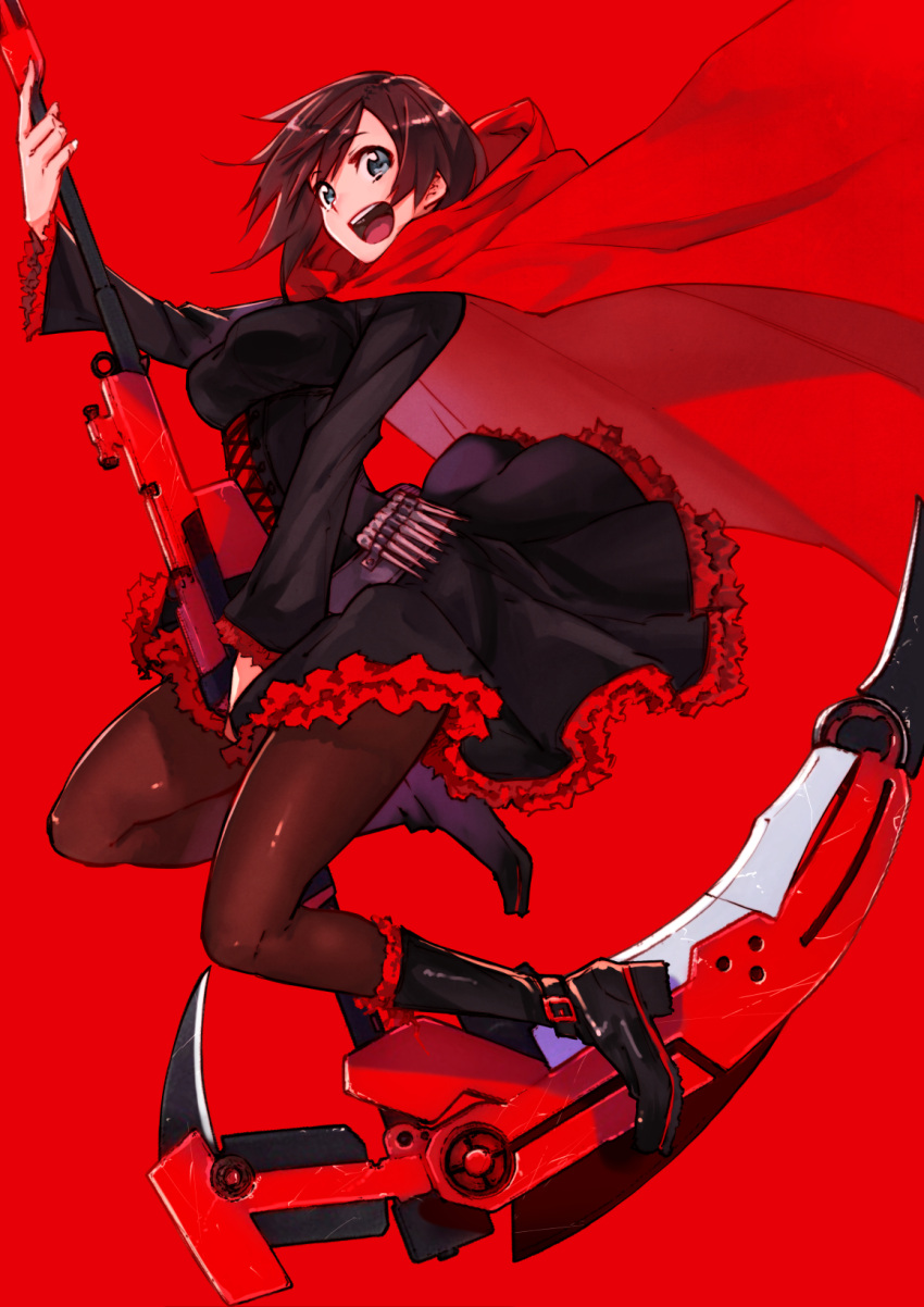 1girl, 244_(bo-z), :d, black_dress, black_footwear, blue_eyes, boots, brown_hair, brown_legwear, cape, crescent_rose, dress, frilled_dress, frills, full_body, gothic_lolita, highres, holding, holding_weapon, lolita_fashion, open_mouth, pantyhose, red_background, red_cape, red_theme, ruby_rose, rwby, scythe, shiny, shiny_hair, short_dress, short_hair, simple_background, smile, solo, weapon