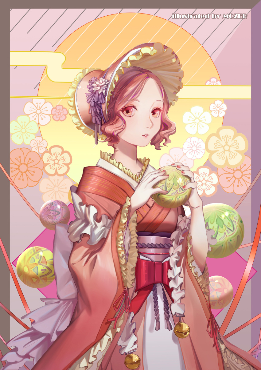 1girl, absurdres, artist_name, bangs, bell, bow, brown_eyes, brown_hair