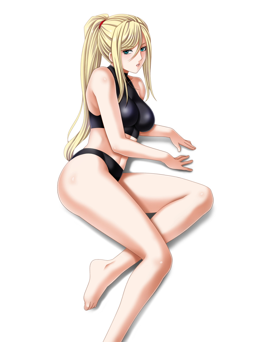 1girl, bangs, barefoot, bikini, black_bikini, blonde_hair, blue_eyes, breasts