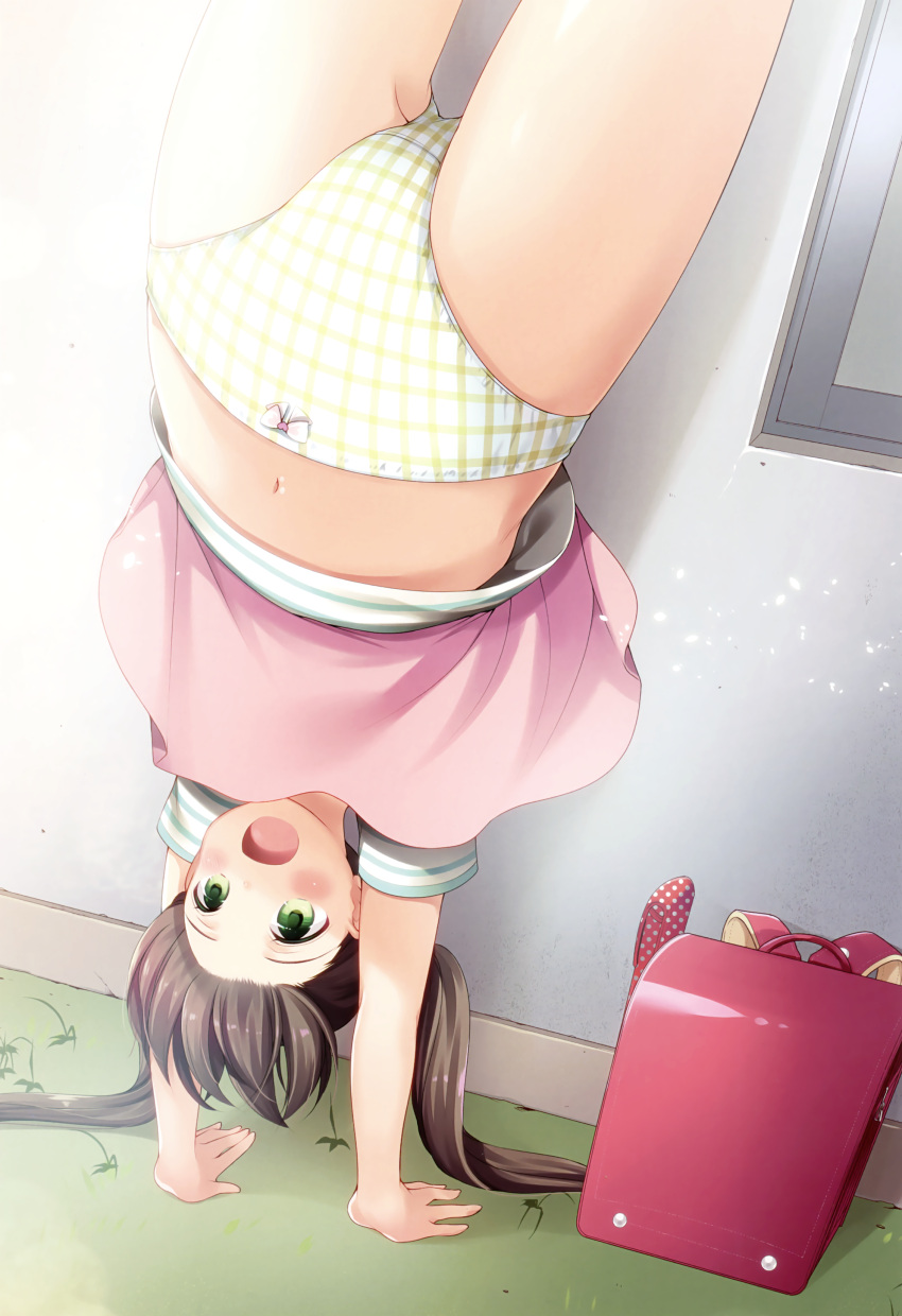 1girl, absurdres, ass_visible_through_thighs, azuma_yuki, backpack, bag, bangs, bow, bow_panties, brown_hair, crotch_seam, day, grass, green_eyes, green_shirt, handstand, highres, miniskirt, navel, open_mouth, original, outdoors, panties, pantyshot_(upside-down), pink_skirt, plaid, plaid_panties, randoseru, shirt, short_sleeves, skirt, skirt_flip, skirt_lift, smile, solo, striped, striped_shirt, thighs, twintails, underwear, upside-down, yellow_panties