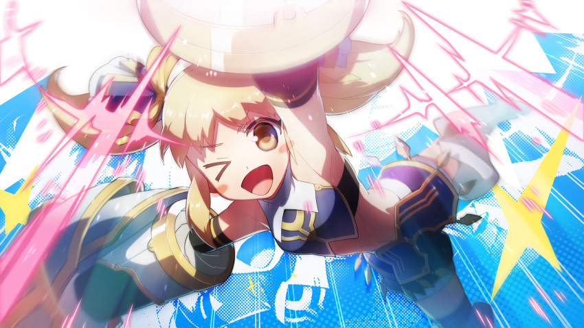 1girl, ;d, armored_gloves, artist_request, bare_shoulders, blonde_hair, blush_stickers, chinese_clothes