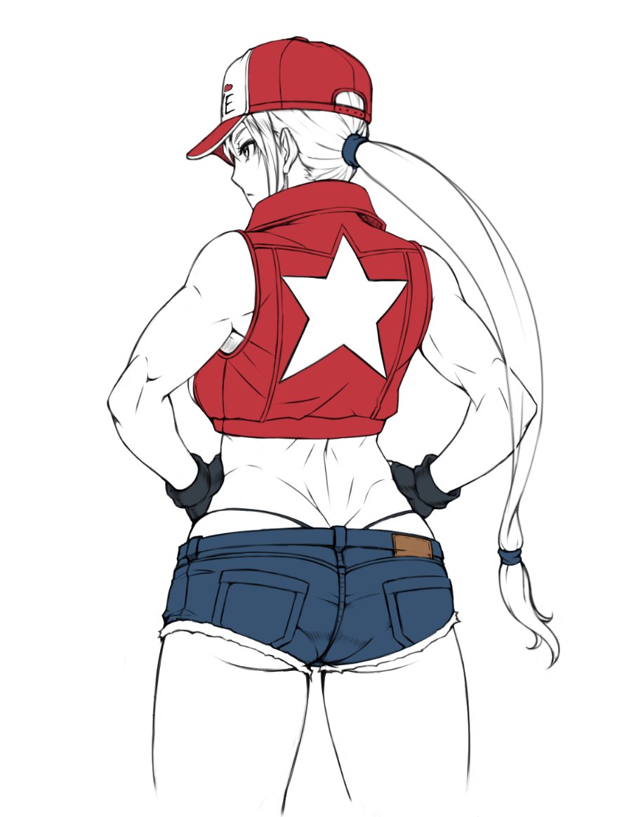 1girl, ass, back, bare_shoulders, baseball_cap, closed_mouth, cowboy_shot, cropped_jacket