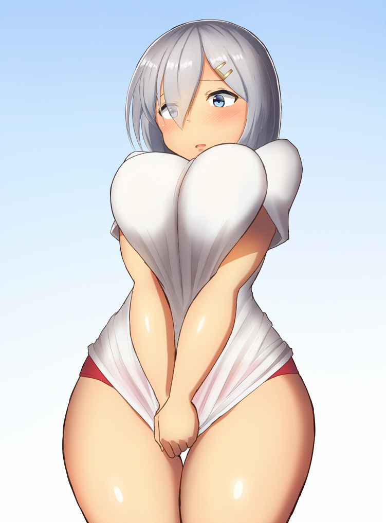 1girl, blue_eyes, blush, breasts, buruma, commentary_request, covering, covering_crotch