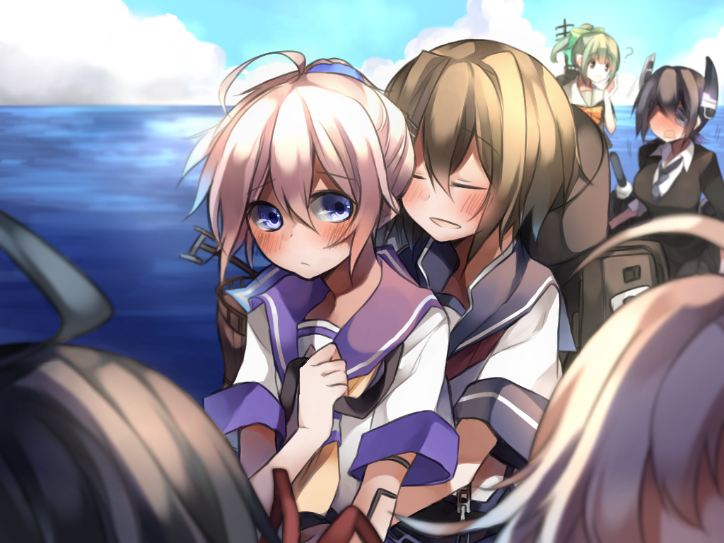 6+girls, ?, ahoge, aoba_(kantai_collection), bangs, black_hair, blue_eyes, blue_sky
