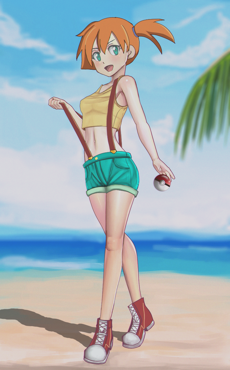 1girl, :d, aqua_eyes, aqua_shorts, armad, beach, blue_sky, blurry