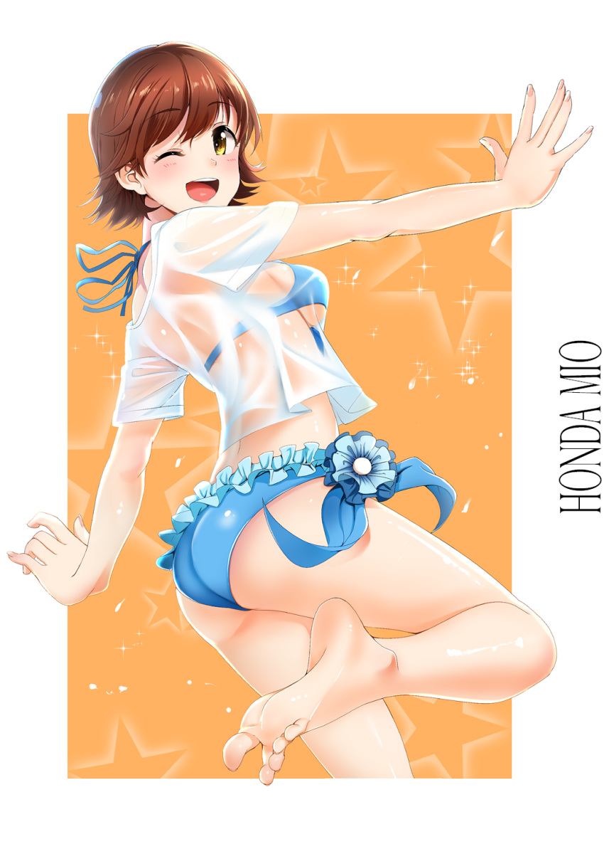1girl, ;d, ass, bangs, bare_legs, barefoot, bikini, bikini_under_clothes, blue_bikini, blush, breasts, brown_eyes, brown_hair, casino_(casinoep), character_name, eyebrows_visible_through_hair, feet, frilled_bikini, frills, from_behind, highres, honda_mio, idolmaster, idolmaster_cinderella_girls, looking_at_viewer, looking_back, medium_breasts, one_eye_closed, open_mouth, see-through, shirt, short_hair, short_sleeves, simple_background, smile, soles, solo, spiky_hair, spread_toes, swimsuit, swimsuit_under_clothes, toes, white_shirt