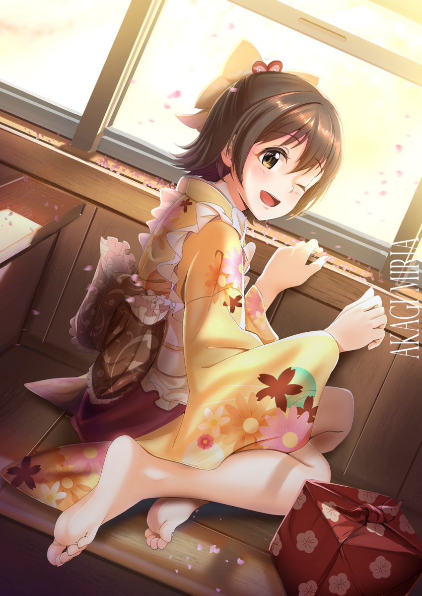 1girl, ;d, akagi_miria, apron, bangs, bare_legs, barefoot, black_hair