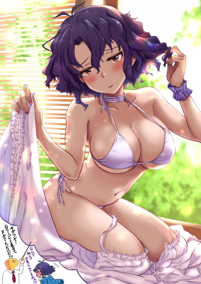 1boy, 1girl, absurdres, antenna_hair, bare_shoulders, bikini, blush, breasts