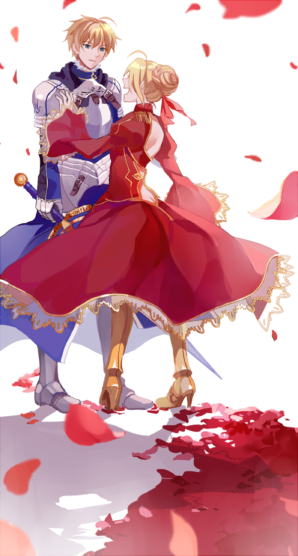1boy, 1girl, ahoge, armor, armored_boots, arthur_pendragon_(fate), backless_dress, backless_outfit