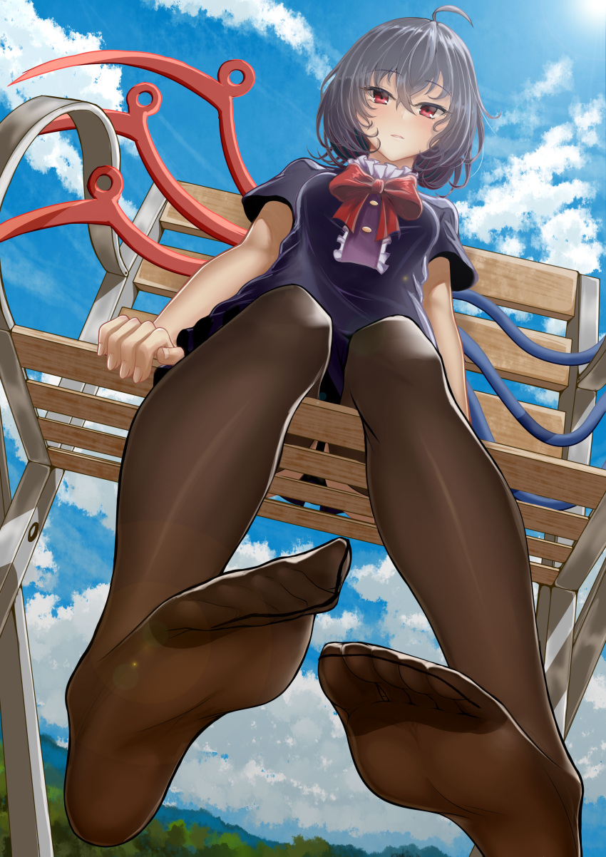 1girl, absurdres, ahoge, asymmetrical_wings, bench, black_hair, black_legwear, black_panties