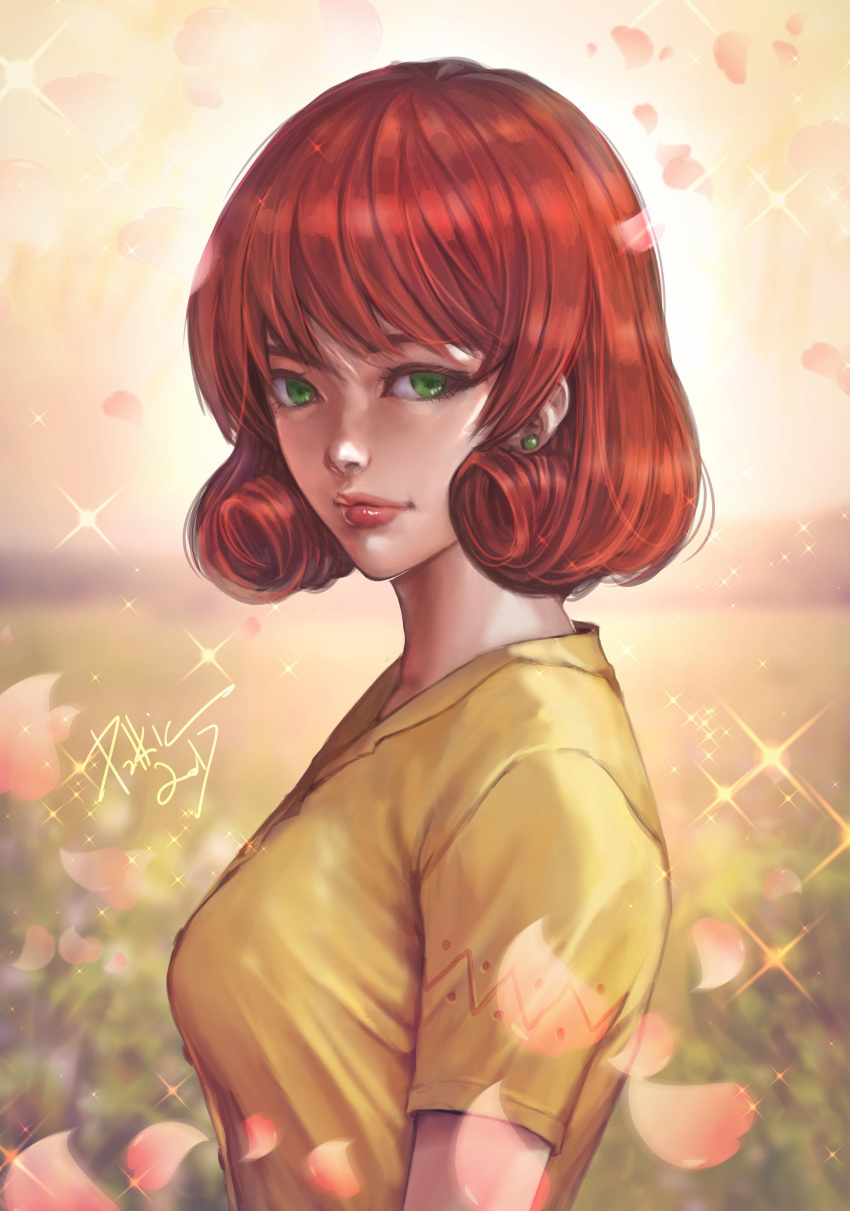 1girl, absurdres, bangs, breasts, commentary, david_mccartney, day, english_commentary, green_earrings, green_eyes, highres, lips, looking_at_viewer, medium_breasts, outdoors, penny_(stardew_valley), petals, profile, redhead, shiny, shiny_hair, shirt, short_sleeves, signature, solo, sparkle, standing, stardew_valley, sunlight, yellow_shirt
