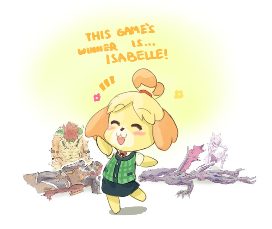 1girl, 4boys, alien, animal, animal_crossing, animal_crossing:_new_leaf, animal_ears, athenawyrm, blonde_hair, blush, blush_stickers, bowser, claws, defeat, dog, dog_ears, dog_girl, dog_tail, english_text, flower, furry, gameplay_mechanics, ganondorf, gen_1_pokemon, genetic_(specie), gerudo, hair_ornament, happy, injury, isabelle_(animal_crossing), legendary_pokemon, metroid, mewtwo, monster, open_mouth, pokemon, pokemon_(creature), pokemon_(game), redhead, ridley, short_hair, skirt, smile, sora_(company), super_mario_bros., super_smash_bros., super_smash_bros._ultimate, super_smash_bros_brawl, tail, teeth, the_legend_of_zelda, the_legend_of_zelda:_ocarina_of_time, tobidase:_doubutsu_no_mori, topknot, victory_pose, wings