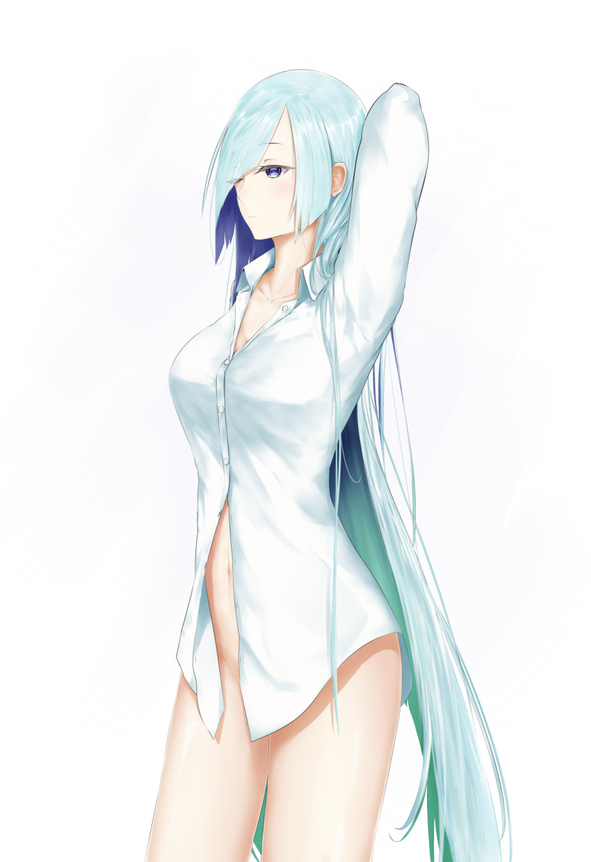 1girl, aqua_hair, bare_legs, blue_eyes, breasts, brynhildr_(fate), closed_mouth, collarbone