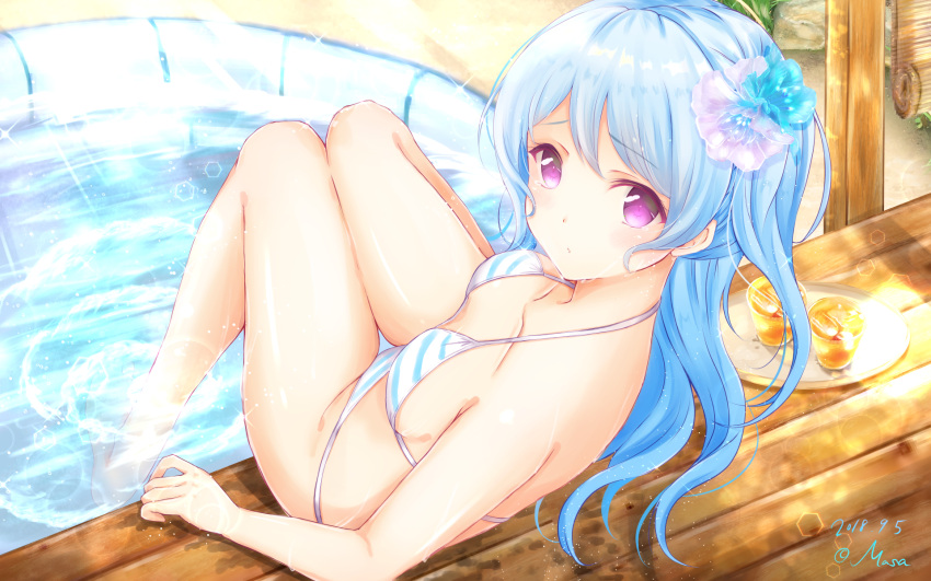 1girl, artist_name, bang_dream!, bangs, bare_arms, bare_legs, bare_shoulders, barefoot, bikini, blue_hair, breasts, closed_mouth, collarbone, commentary, dated, day, drink, eyebrows_visible_through_hair, feet, flower, hair_flower, hair_ornament, hello_happy_world!, highres, ice, knees_together_feet_apart, legs_together, light_blue_hair, long_hair, looking_at_viewer, masa_(mirage77), matsubara_kanon, outdoors, pool, raised_eyebrows, rock, signature, sitting, soaking_feet, solo, striped, striped_bikini, striped_swimsuit, sunlight, swimsuit, thigh_gap, thighs, violet_eyes, wallpaper, water, wet, white_bikini