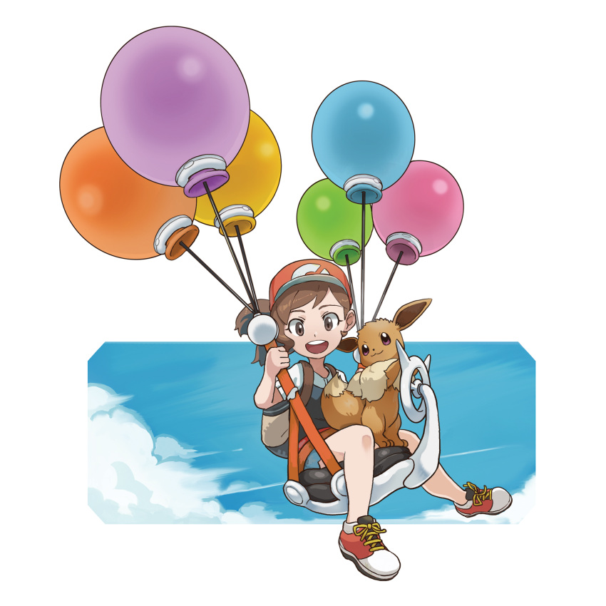 1girl, :3, artist_request, ayumi_(pokemon), backpack, bag, balloon, baseball_cap