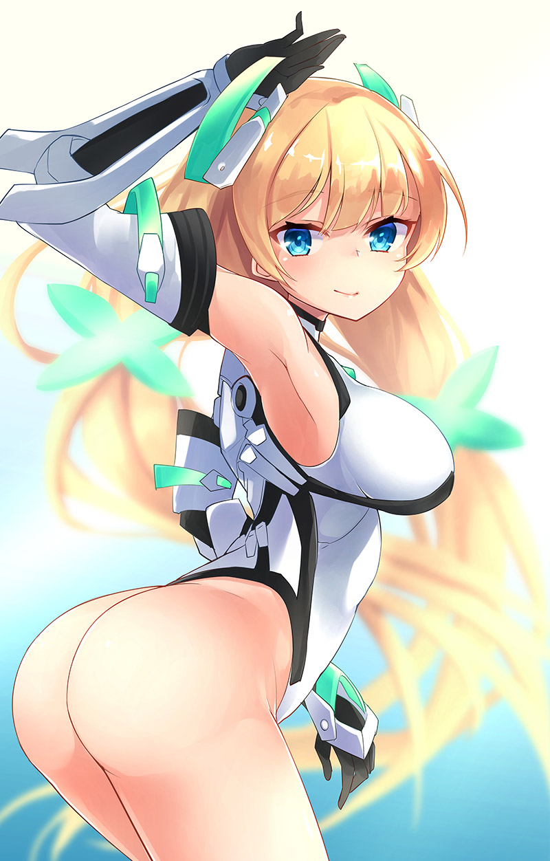 1girl, angela_balzac, arched_back, armpits, ass, bare_shoulders, blonde_hair, blue_eyes, breasts, closed_mouth, deva_battle_suit, elbow_gloves, eyebrows_visible_through_hair, gloves, halterneck, headgear, headset, highleg, highleg_leotard, highres, impossible_clothes, impossible_leotard, large_breasts, leotard, long_hair, looking_at_viewer, low_twintails, neon_trim, oshishio, pilot_suit, rakuen_tsuihou, shiny, shiny_hair, smile, solo, thighs, thong_leotard, twintails, very_long_hair, white_leotard