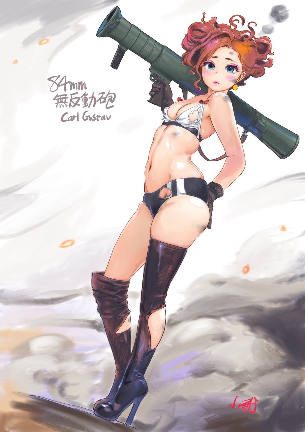 1girl, :<, bare_shoulders, bikini_top, blue_eyes, blush, boots, bow