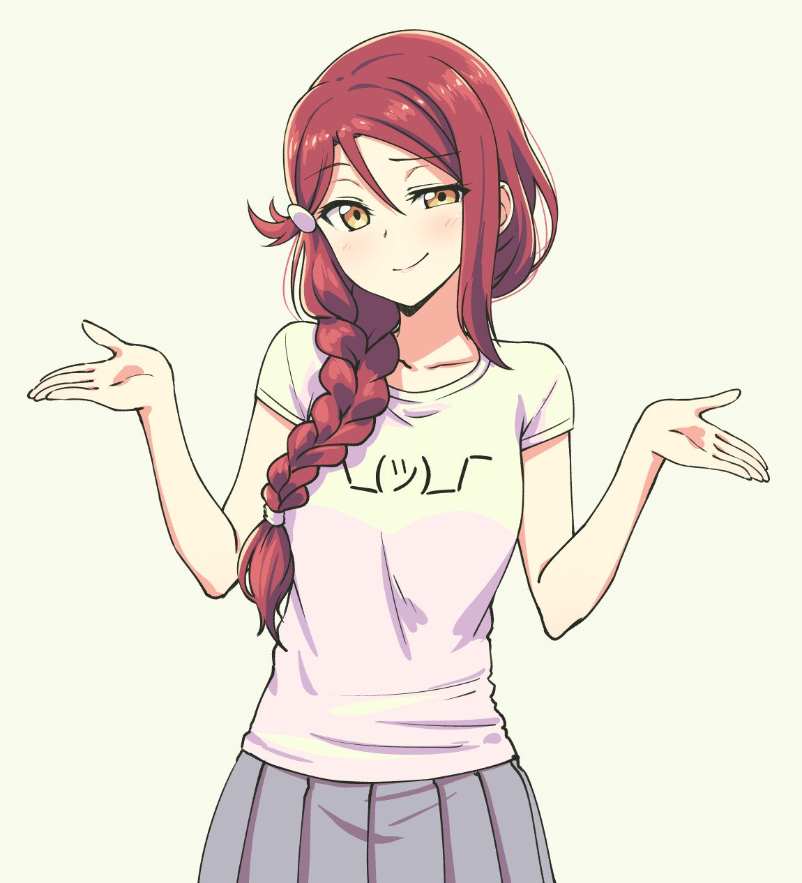 1girl, beige_background, braid, commentary, cowboy_shot, emoticon, eyebrows_visible_through_hair, grey_skirt, hair_between_eyes, hair_ornament, hair_over_shoulder, hair_strand, hairclip, highres, long_hair, looking_at_viewer, love_live!, love_live!_sunshine!!, meme, pas_(paxiti), pleated_skirt, print_shirt, raised_eyebrow, redhead, sakurauchi_riko, shirt, short_sleeves, shrug, simple_background, single_braid, skirt, smirk, smug, solo, symbol_commentary, t-shirt, tsurime, uneven_eyes, w_arms, white_shirt, wrists_extended, yellow_eyes