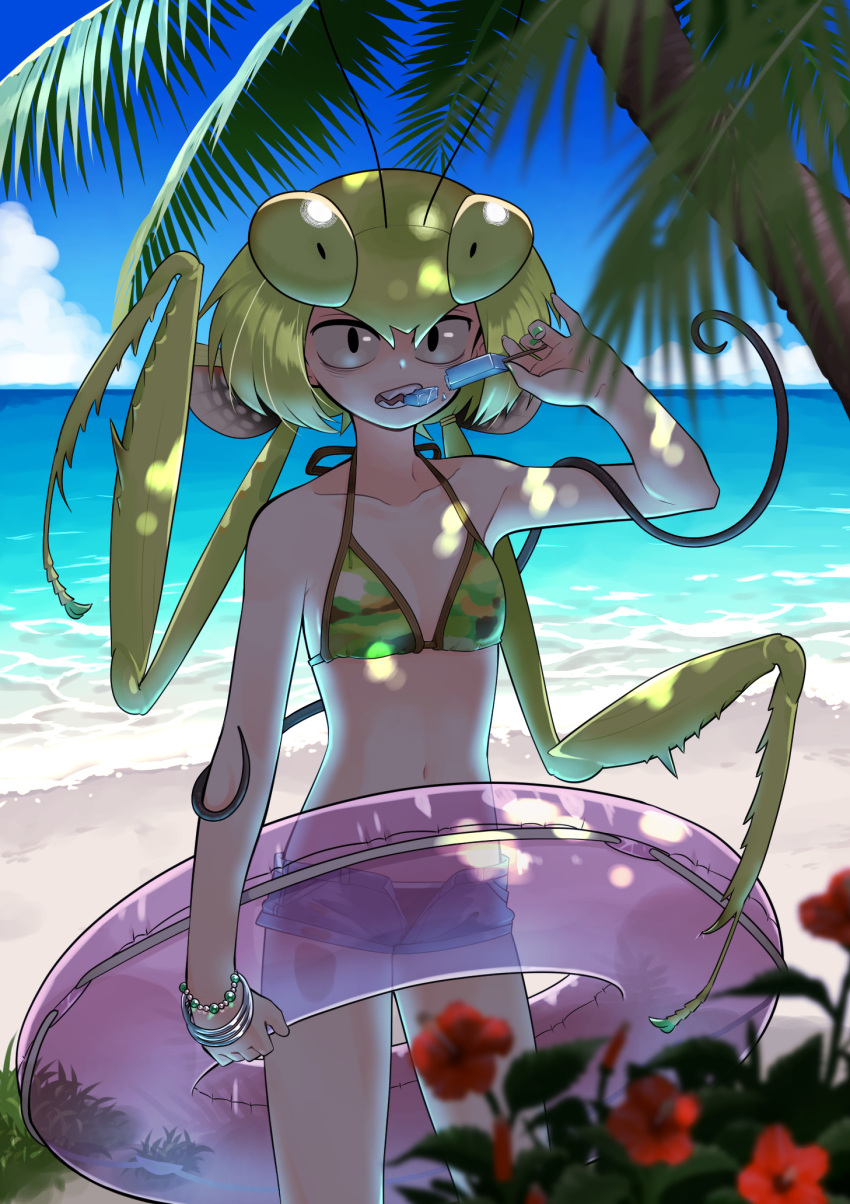 1girl, antennae, beach, bead_bracelet, beads, bikini_top, biting, black_eyes